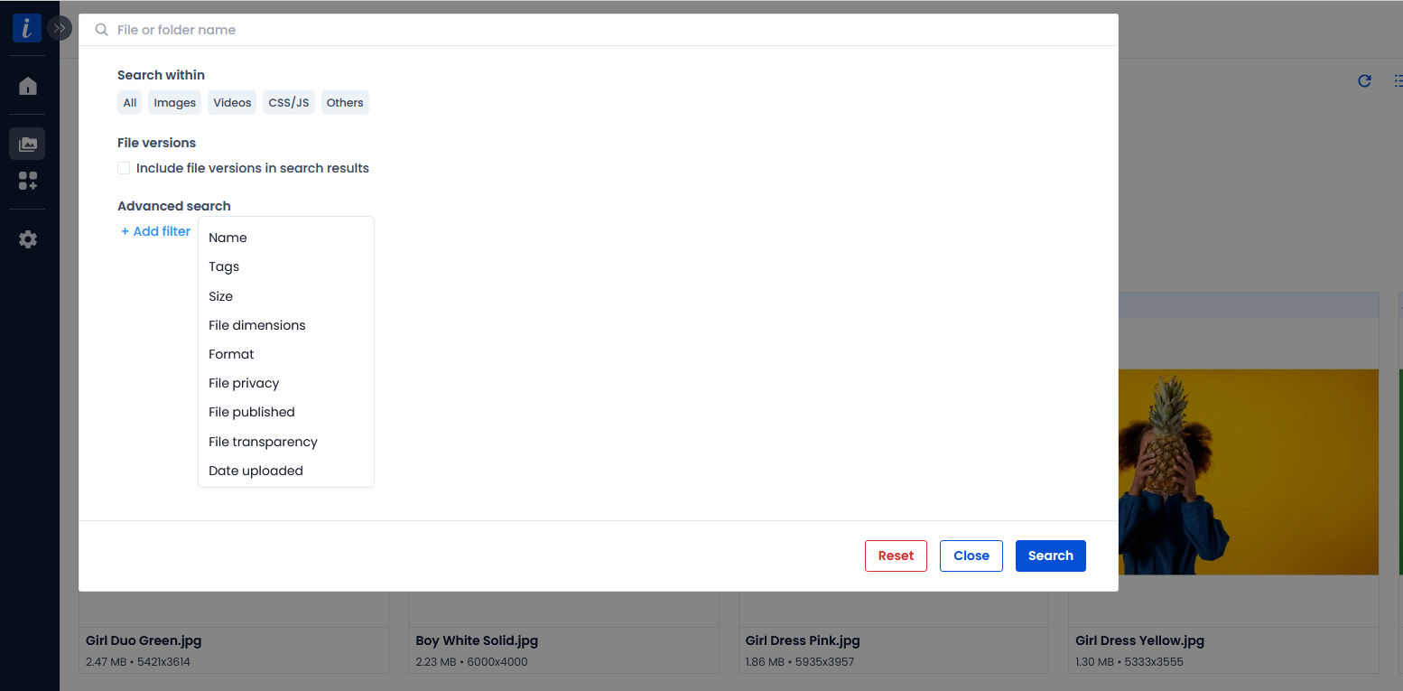 Use filters to search media files on ImageKit